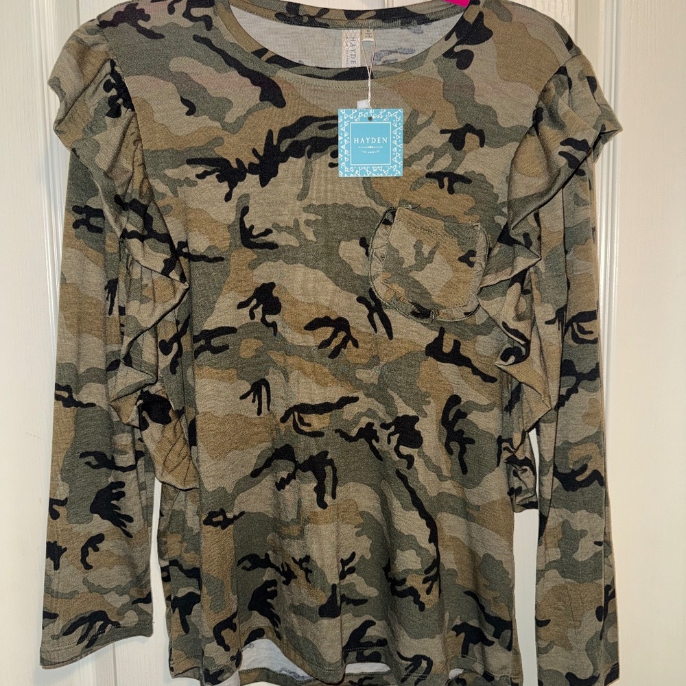 Camo Ruffle Sleeve Top